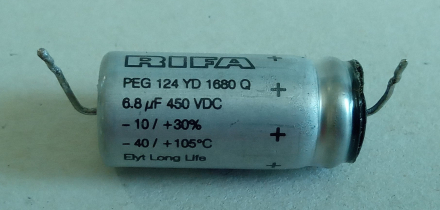 6,8uF, 450V, LL, LOW ESR, axiális elektrolit kondenzátor